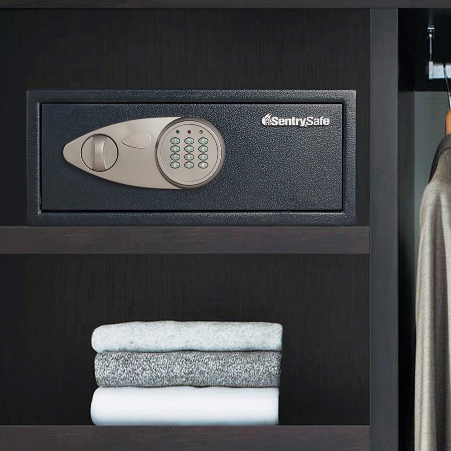SentrySafe Shelf Safe with Digital Keypad Lock, Steel Safe with Interior Lining and Bolt Down Kit for Money, Jewelry, 0.78 Cubic Feet, 7.1 x 16.9 x 13.8 Inches, X075