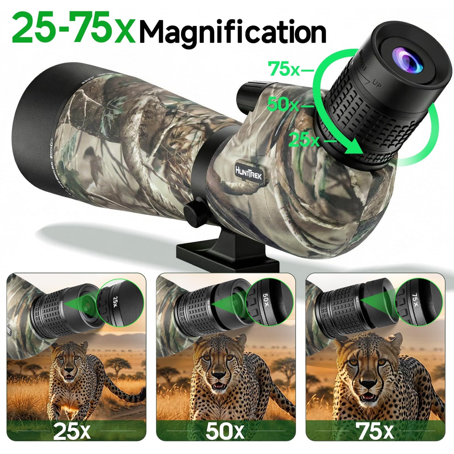 HuntTrek 25-75x100 Spotting Scope with 9 Inches Short Tripod Phone Adapter Carrying Bag Spotter Scope for Target Shooting Bird Watching Wildlife Viewing Camo