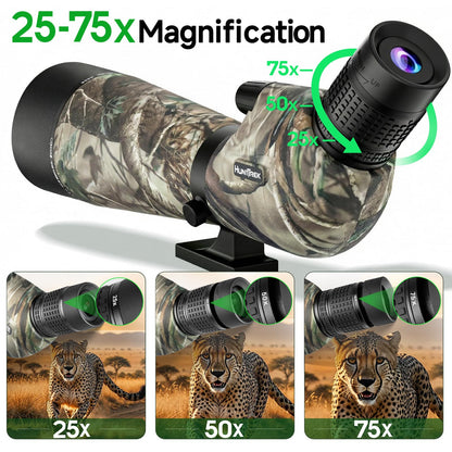 HuntTrek 25-75x100 Spotting Scope with 9 Inches Short Tripod Phone Adapter Carrying Bag Spotter Scope for Target Shooting Bird Watching Wildlife Viewing Camo