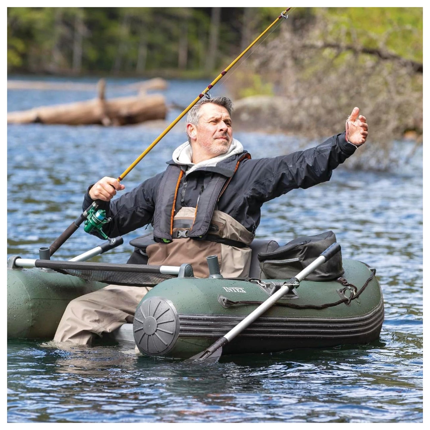 INTEX Big Catch Pro Inflatable Fishing Float Tube: Includes Deluxe 54in Boat Oars and High-Output Pump - Detachable Fishing Rod Holders - Mesh Fish Ruler - Heavy-Duty Backpack - 308lb Weight Capacity