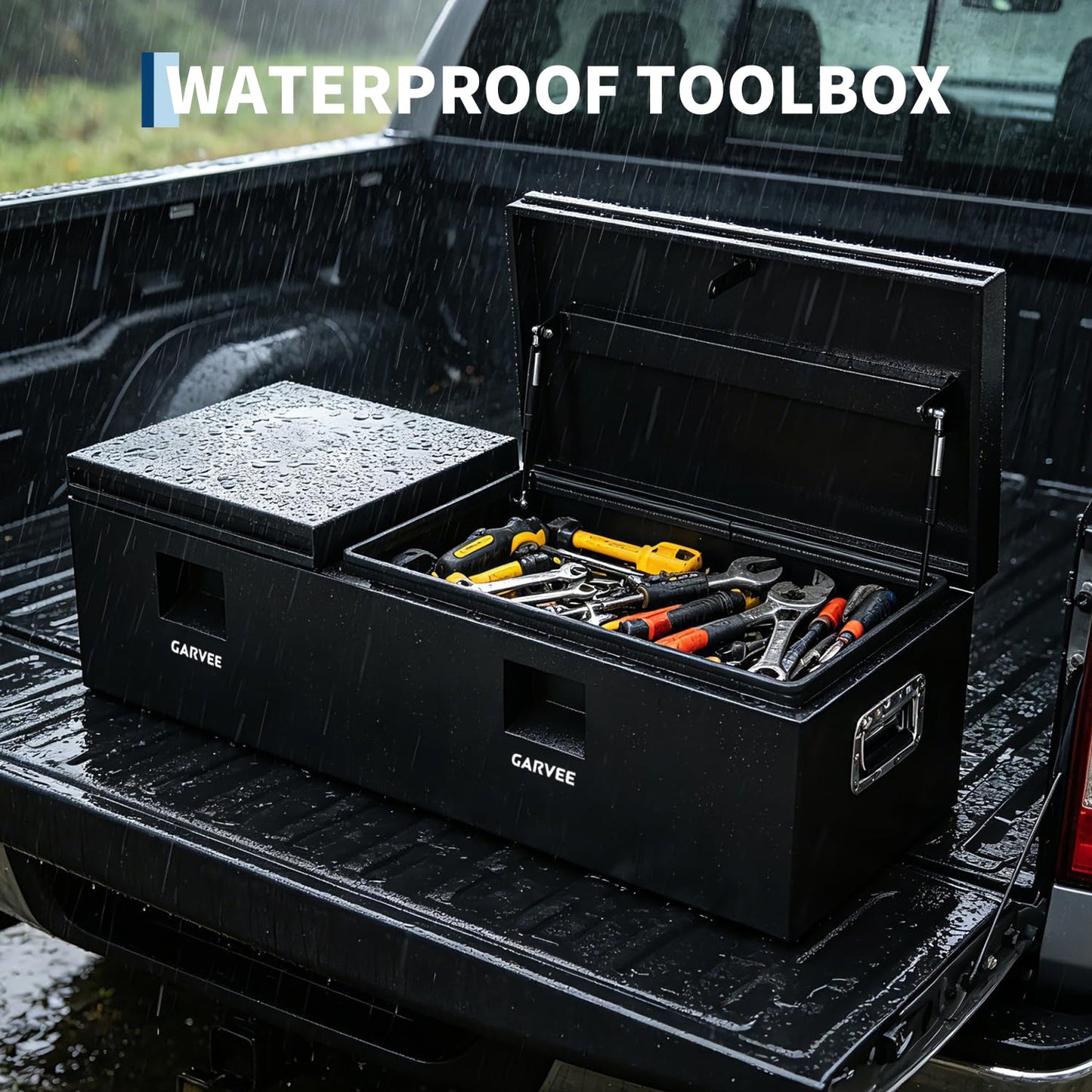 Garvee Heavy Duty Steel Truck Bed Tool Box, Truck Tool Box with Side Handle, Waterproof Trailer Storage Tool Box Chest Box Organizer for Pickup, Truck Bed, RV, Trailer