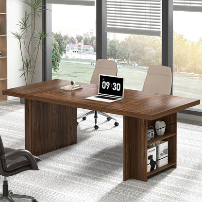 FOLUBAN 70 Inch Executive Desk, Large Computer Desk for Home Office, Long Study Writing Gaming Table for 2 Person, Modern Wood Conference Table Workstation, Rustic Walnut