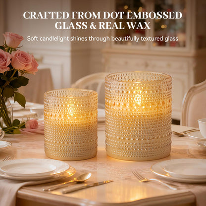 Velsyn Dotted Glass Flameless Candles with Remote Timer, Real Wax Battery Operated LED Pillar Candles with 3D Flickering Flame for Festival Wedding Home Party Decor, 3" x 4", 4" x 5", Set of 2 (Gold)