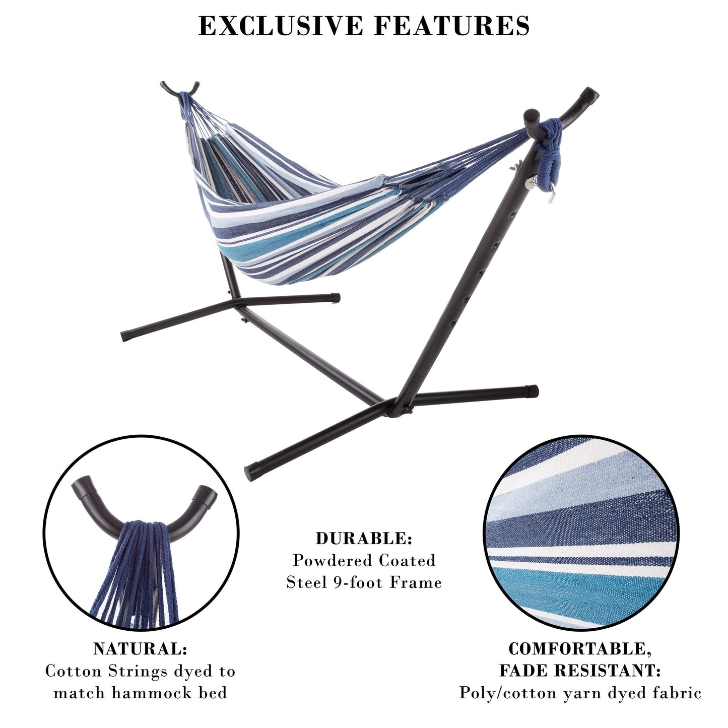 Double Brazilian Hammock with Stand– Woven Cotton, 2-Person, Outdoor Swing with Frame for Camping, Backyard or Patio by Pure Garden (Blue Stripes)