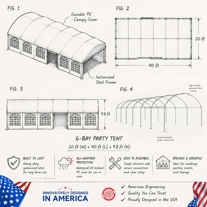 YITAHOME 20x40FT Party Tent Outdoor Wedding Event Shelters Arch Top Heavy Duty Galvanized Steel Arch Top Canopy with Large White Roof, Removable Sidewalls & 3 Storage Bags