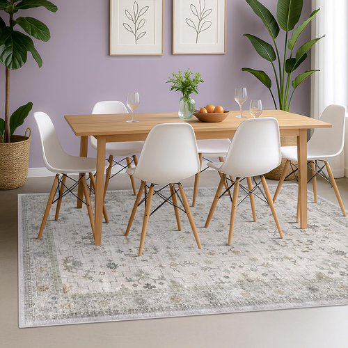 Hazo Haus Boho Light Grey Living Room Rug - Modern Vintage Floral Design, 6x8 Washable Non-Slip Area Rug