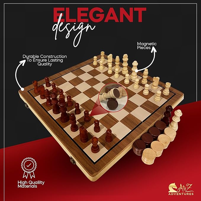 Magnetic Chess Set with Checkers - 15 (2 in 1) Folding Wooden Chess Sets for Adults &amp Kids with 2 Extra Queens | Travel Chess Board Game Set with Chess Pieces Storage Slots Luxury Gift with Stor