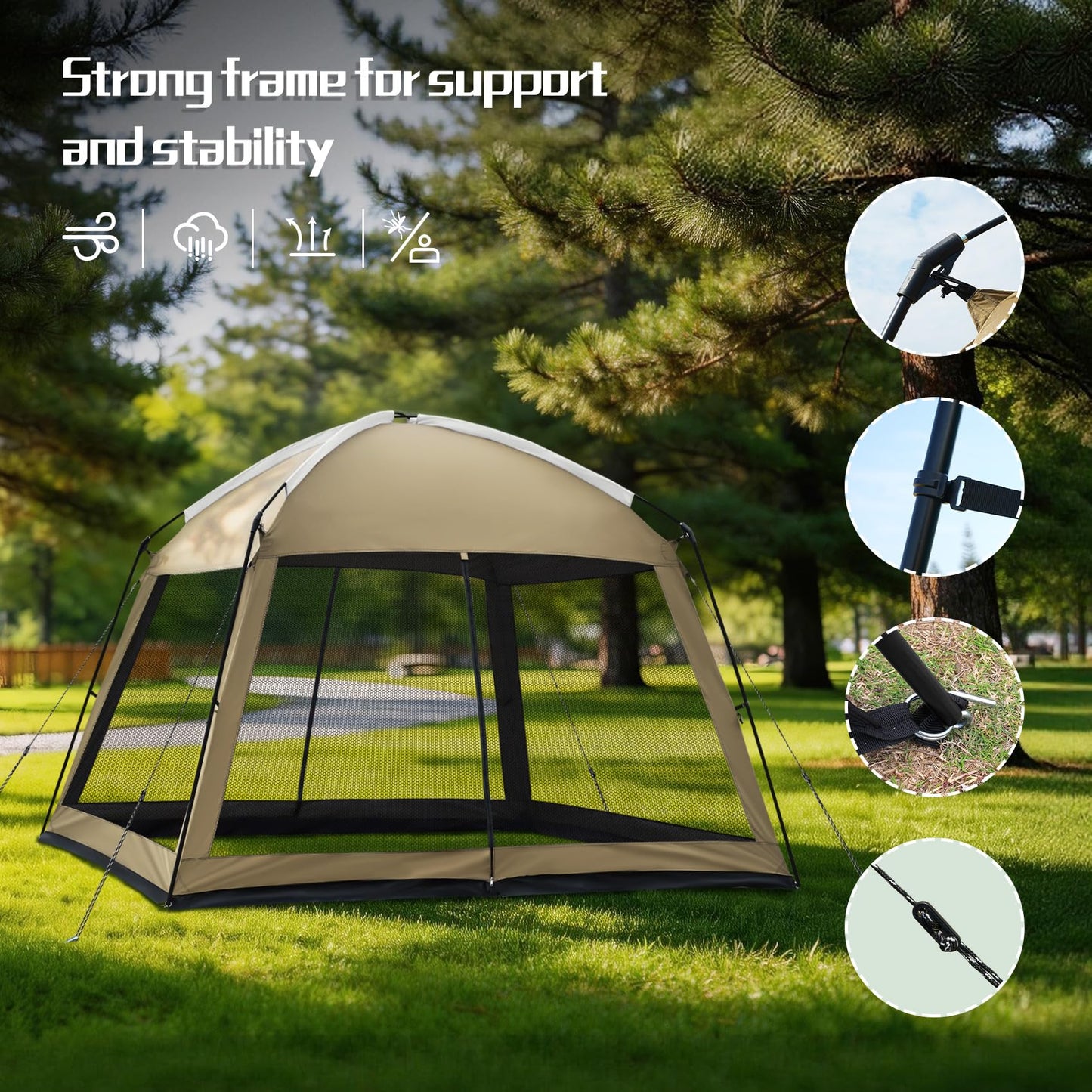 Superrella 12 x 12 FT Camping Screen Tent for 8-10 Person, Easy Setup Screen House with UV 50+ Sun Protection & Mosquito Net for Camping, Backyard, Picnic, Patio, Outdoor, Kakhi