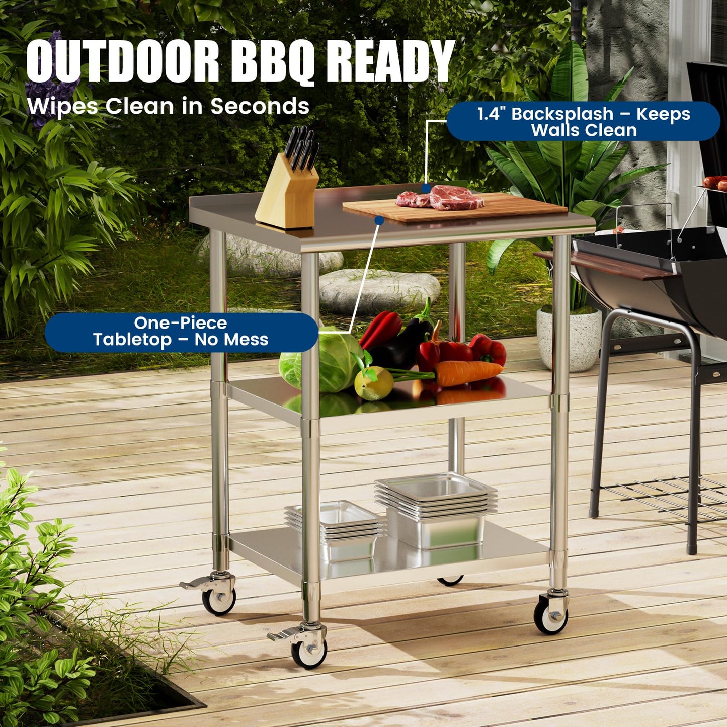 Chingoo Stainless Steel Work Table with Wheels, 24x30 Inch NSF Food Prep Table with Backsplash & 2 Adjustable Undershelves for Commercial Kitchen, Restaurant, Garage