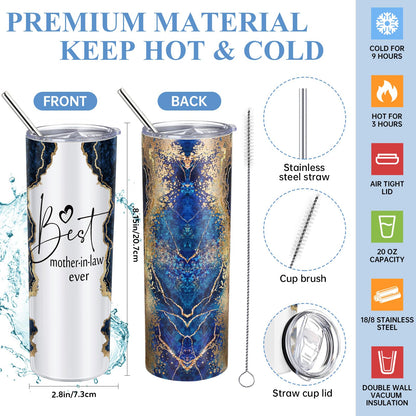 Domensi 4 Pack Mom Gifts Best Mother in Law Ever Gift Tote Bag 20oz Tumbler Cup Makeup Bag Mother in Law Scented Candle for Mothers Day Women(Navy Blue)
