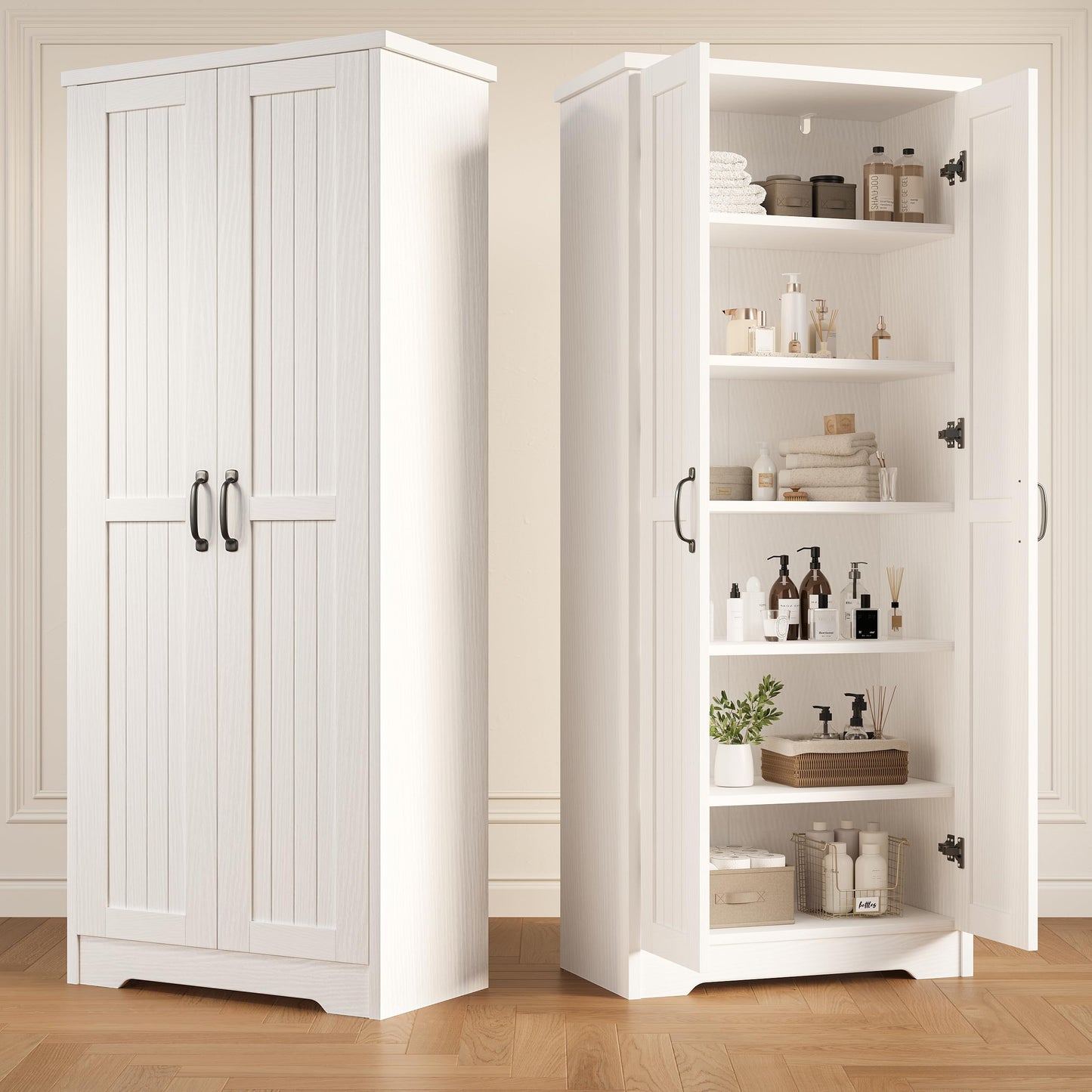 Decofy 70" Tall Storage Cabinet, Large Wood Storage Pantry Cabinet with 6 Adjustable Shelves & 2 Doors, Standing Utility Storage Cabinets for Kitchen, Bathroom, Dining Room (Soft White)