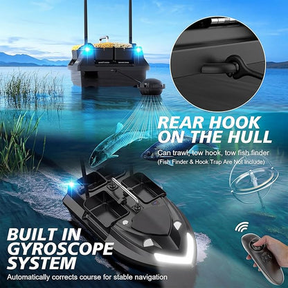 RC Bait Boat with Line Drop for Adult Cruise Control 4 Bait Slot 6.6LBS Loading 12000mAh Battery and Motors 1640FT Range Remote Control Fish Boat with LED Light Hook Release &amp Backpack(Black)