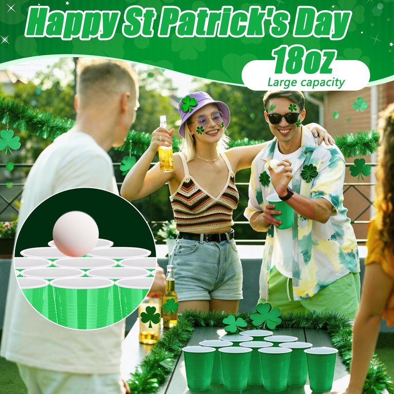 Dualshine 100 Pack Green Plastic Cups 18 oz, Disposable Heavy Duty Drinking Cups for St Patrick's Day, Graduation Cup for Christmas Wedding Birthday Beer Taste Serving Snack Sample Tastings Barbecues
