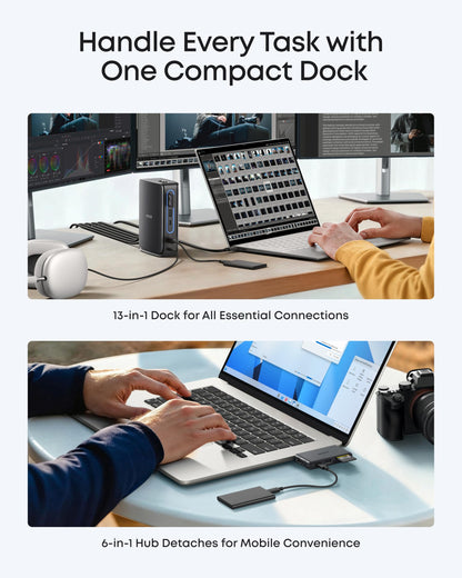 Anker Nano 13-in-1 Laptop Docking Station with Detachable 6-in-1 Hub, USB-C 3 Display Docking (2 HDMI+1 DP), 10 Gbps USB-C, 3 USB-A, Audio, SD/TF, Ethernet, 100W Max PD for Dell/Lenovo/HP Home Office