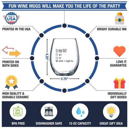 Gelid 50th Birthday Gifts for Women and Men Wine Glass - Funny Is You 50 Gift Idea for Mom Dad Husband Wife – 50 Year Old Party Supplies Decorations for Him, Her - 15oz