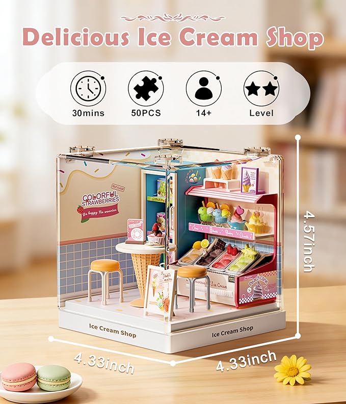 Miniature Ice Cream Shop Model Kit Small-Scale DIY Building Set with Tiny Furniture Highly Detailed Collectible for Adults &amp Craft Lovers Super Mini Series