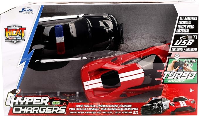 Jada Toys Hyperchargers Heat Chase Radio Control Vehicle - Twin Pack with USB Charging (2Piece) 1: 16 Scale 2015 Dodge Charger SRT Hellcat &amp 2017 Ford Gt