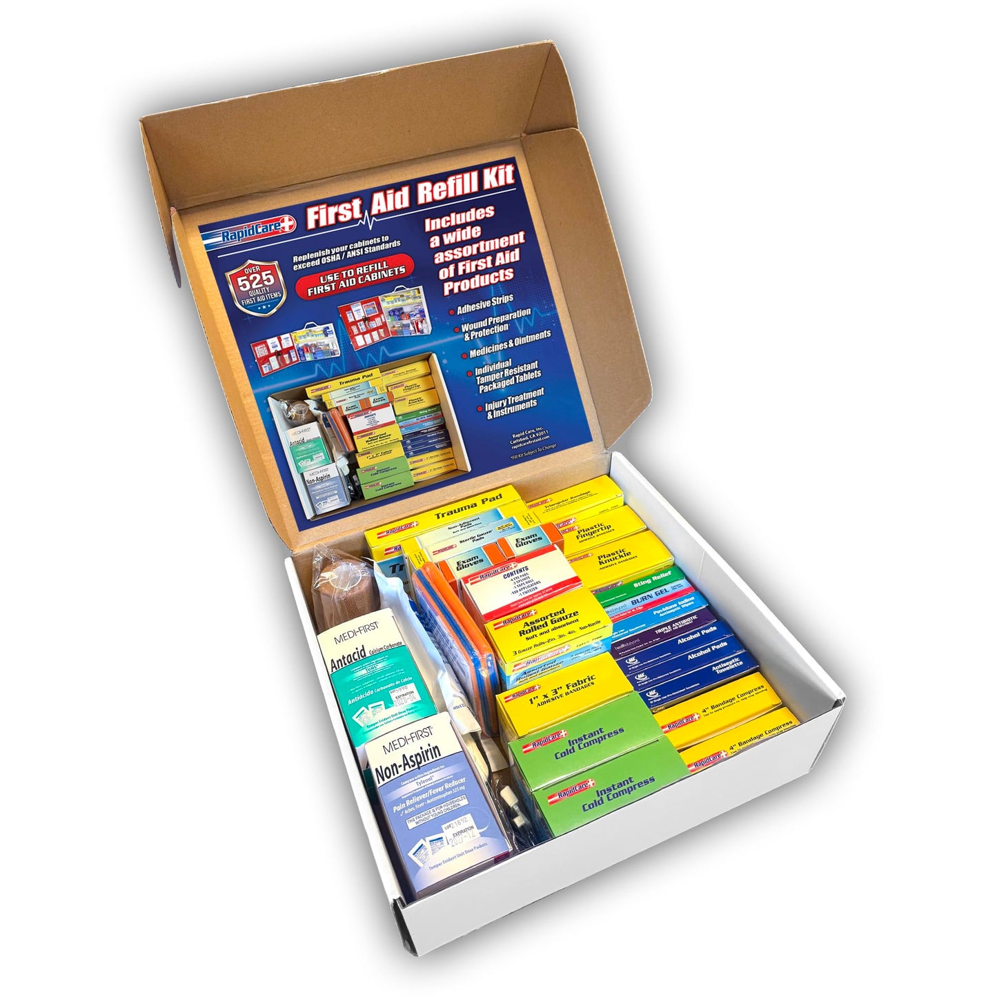 Rapid Care 3-Shelf First Aid Refill Kit - 525 Piece OSHA & ANSI Compliant Refill for First Aid Cabinets, Serves 75+ People, Color-Coded Workplace, School & Office First Aid Supplies