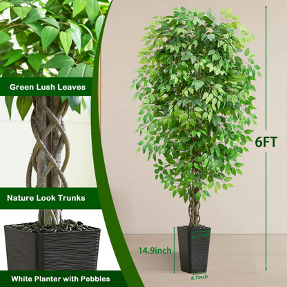 Artificial Ficus Tree 6FT Faux Plants Indoor Tall Fake Plants with Black Square Planter, Green Lifelike Lush Fake Ficus Tree for Home Living Room Bedroom Outdoor Balcony House Office Decor