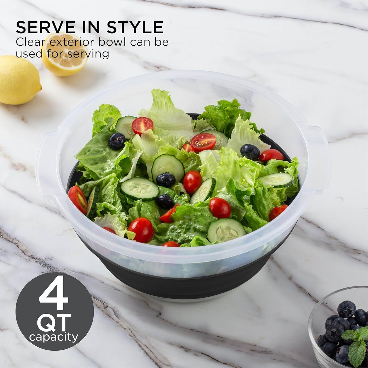COOK WITH COLOR Collapsible Salad Spinner - 4 QT Space Saving Lettuce Dryer with Folding Collapsible Colander Great for Washing and Drying Fruit and Vegetables (Black)