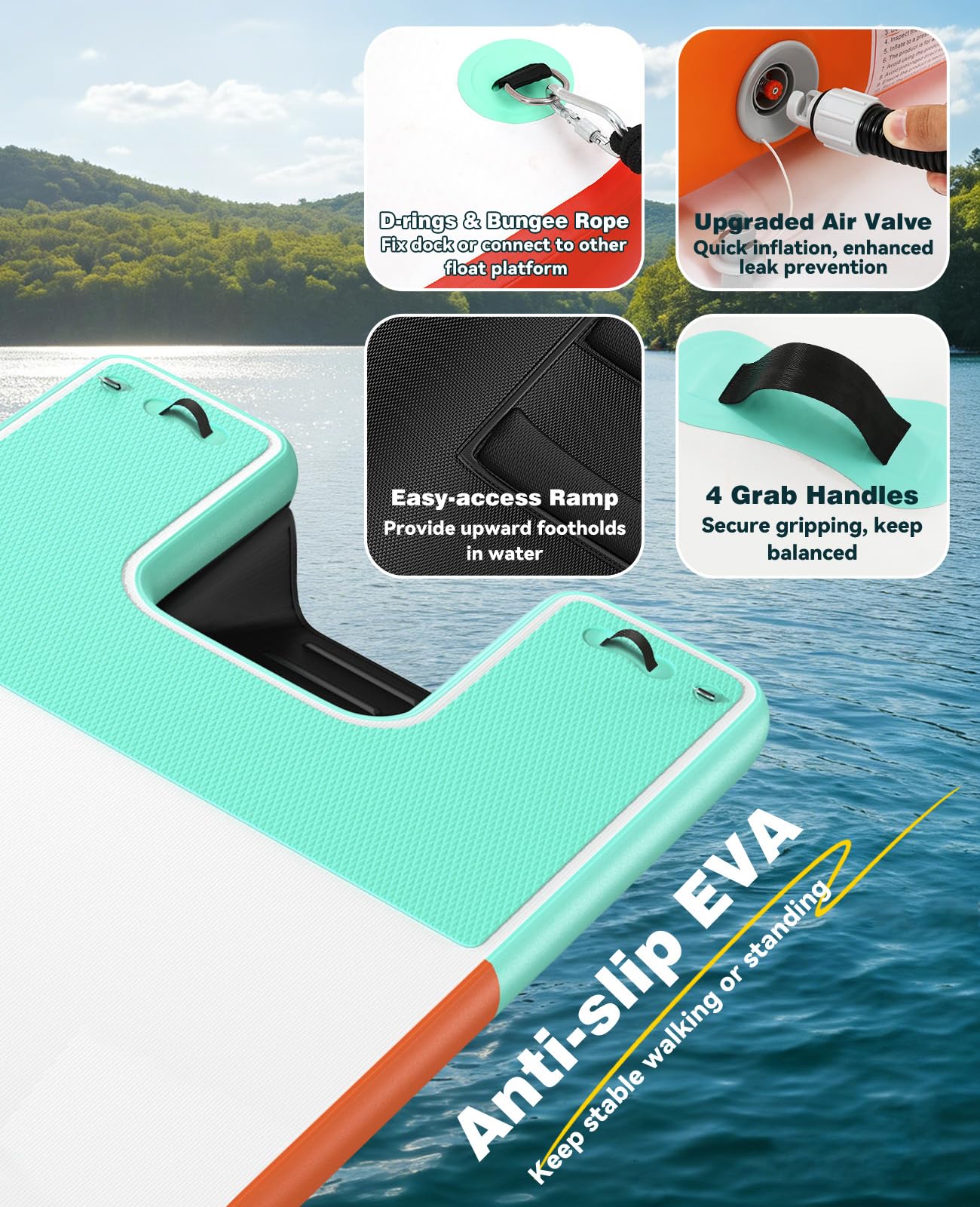 HeySplash Inflatable Floating Dock, 8×6ft Floating Docks with Anti-Slip Surface Water Access, Inflatable Dock Floating Docks for Lakes Pools Boats Oceans, Up to 4-6 People