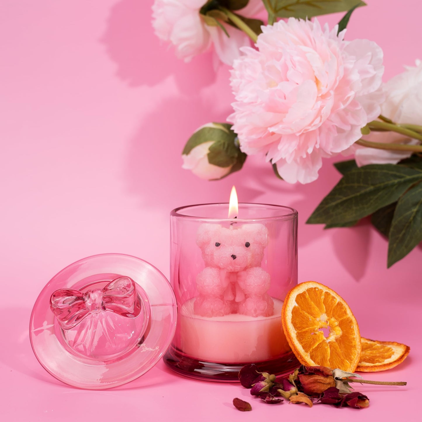 AROMA BAY Pink Peony Scented with Pink Bear Candle, Pink Decorative Candle Gifts, Friendship Gifts for Best Friends, BFF, Coworker, Back to School Gift, Gift for Mom