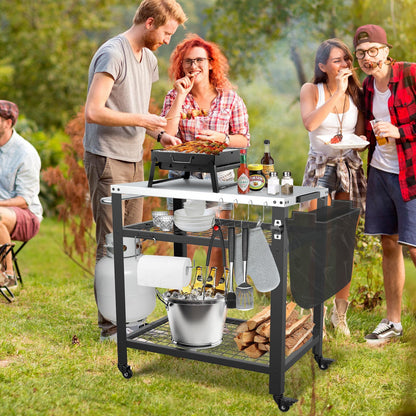 M METERXITY Stainless Steel Pizza Oven Table for Ooni, 650lbs Outdoor Grill Cart with Wheels and Handle, 32"x 24" Three-Shelf Food Prep Cart for Griddle, Movable Outdoor Pizza Cart