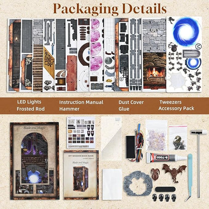 Book Nook Kit DIY Miniature House Dollhouse Kit for Adults and Teens Booknook Tiny House Bookshelf Decor (Blade and Magic)