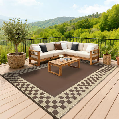 GAOMON Patio Modern Checkered Outdoor Rug 10x14 Waterproof Large Reversible Camping Mat Foldable Lightweight Plastic Straw Outdoor Rug for Deck, Picnic, Porch, Camper, Balcony, Beach, Rv, Brown