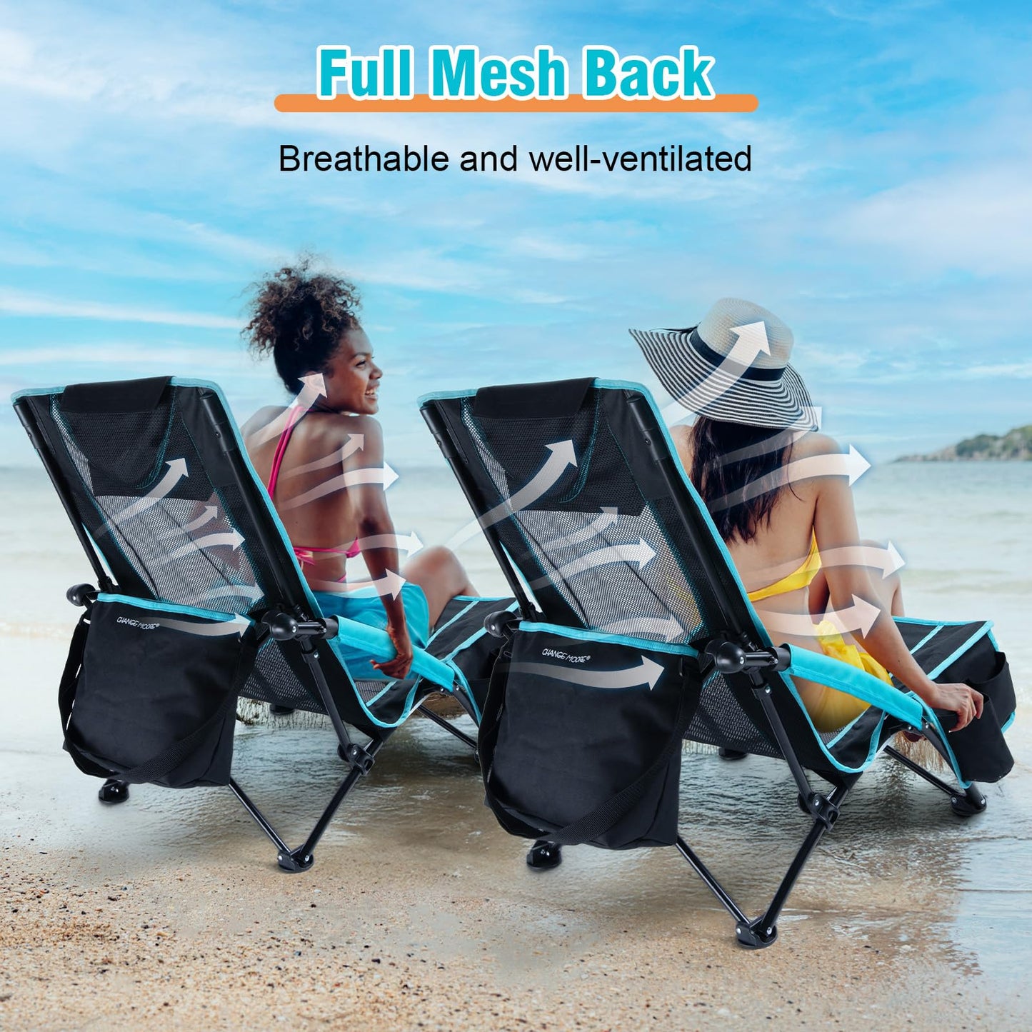 CHANGE MOORE Low Beach Chair with 2-in-1 Cooler Bag, Support up to 300lbs Folding Beach Chairs for Adults 2 Pack with Cup Holder, Removable Pillow & Carry Bag for Outdoor Sand Lawn Picnic Travel Blue
