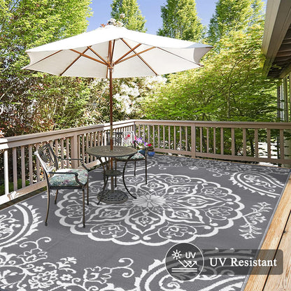 Pauwer Waterproof Outdoor Rug 10x14, Reversible Plastic Straw Patio Camping Rug, Indoor Outdoor RV Mat Carpet for Deck, Camper, Porch, Balcony, Backyard, Picnic, Boho Grey