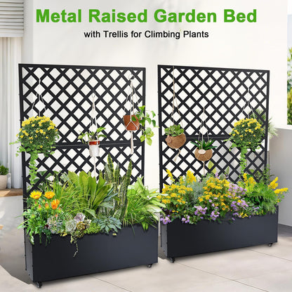 SierraSquad 70.9" x 46.5" x 11.8" Metal Raised Garden Bed with Trellis – Galvanized Planter Box with Drainage Holes & Privacy Screen for Patio, Balcony, Outdoor – Black