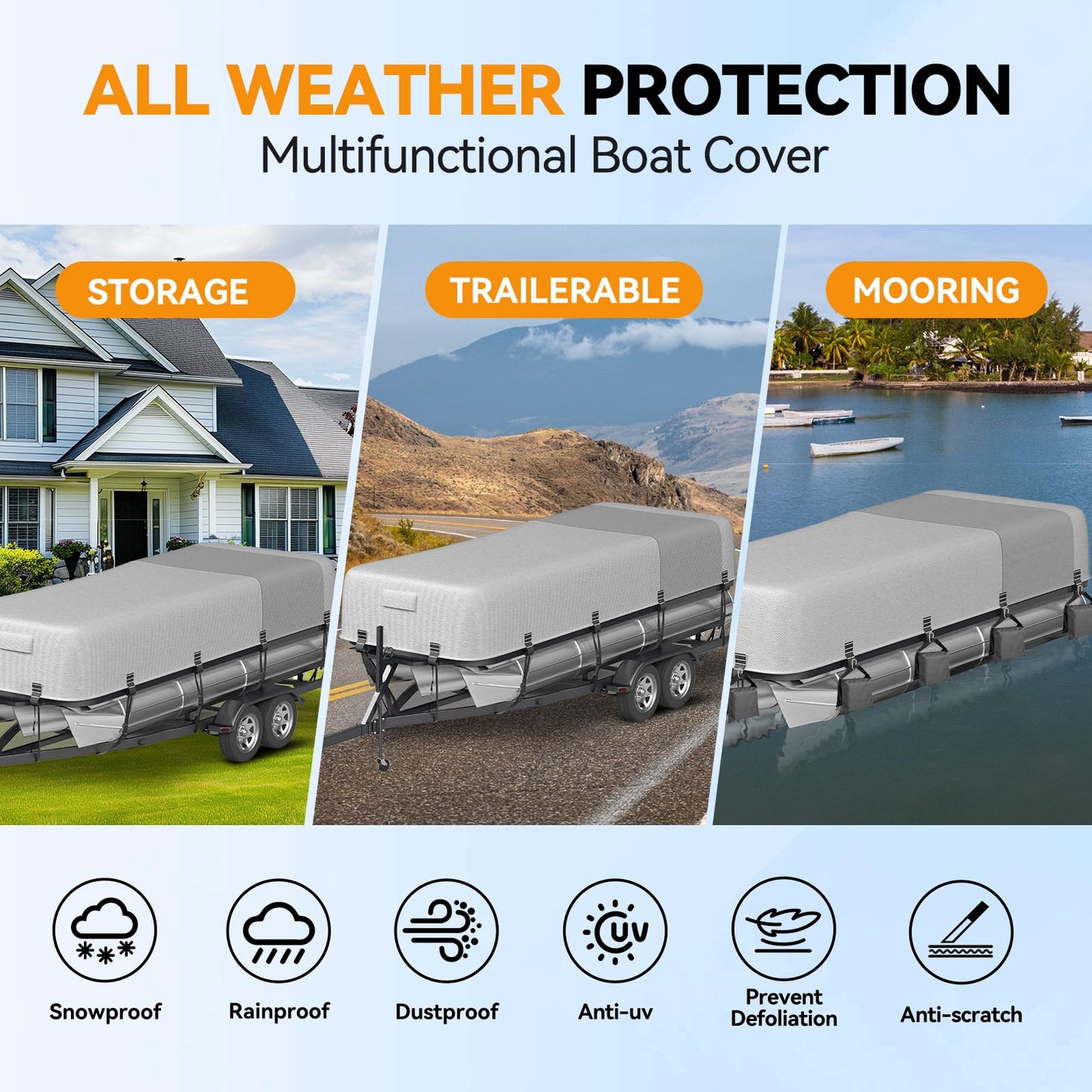 5-Ply 1600D+1200D Pontoon Boat Cover - Fully Waterproof & Ultra-Durable Tear-Resistant, with Large Storage Bag & Reinforced Windproof Straps (Fits 21'-24' Length, Up to 102" Beam Width)