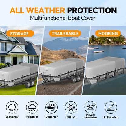 5-Ply 1600D+1200D Pontoon Boat Cover - Fully Waterproof & Ultra-Durable Tear-Resistant, with Large Storage Bag & Reinforced Windproof Straps (Fits 21'-24' Length, Up to 102" Beam Width)