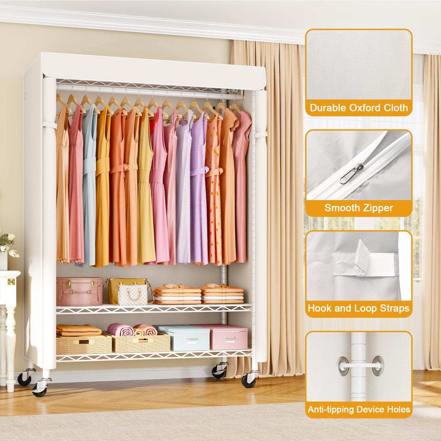 ULIFHOME P6C Plus Rolling Clothes Rack with Cover, Covered Clothing Rack Heavy Duty, Portable Closet for Hanging Clothes, Garment Rack on Wheels, White Closet Rack with White Cover, Max Load 375LBS