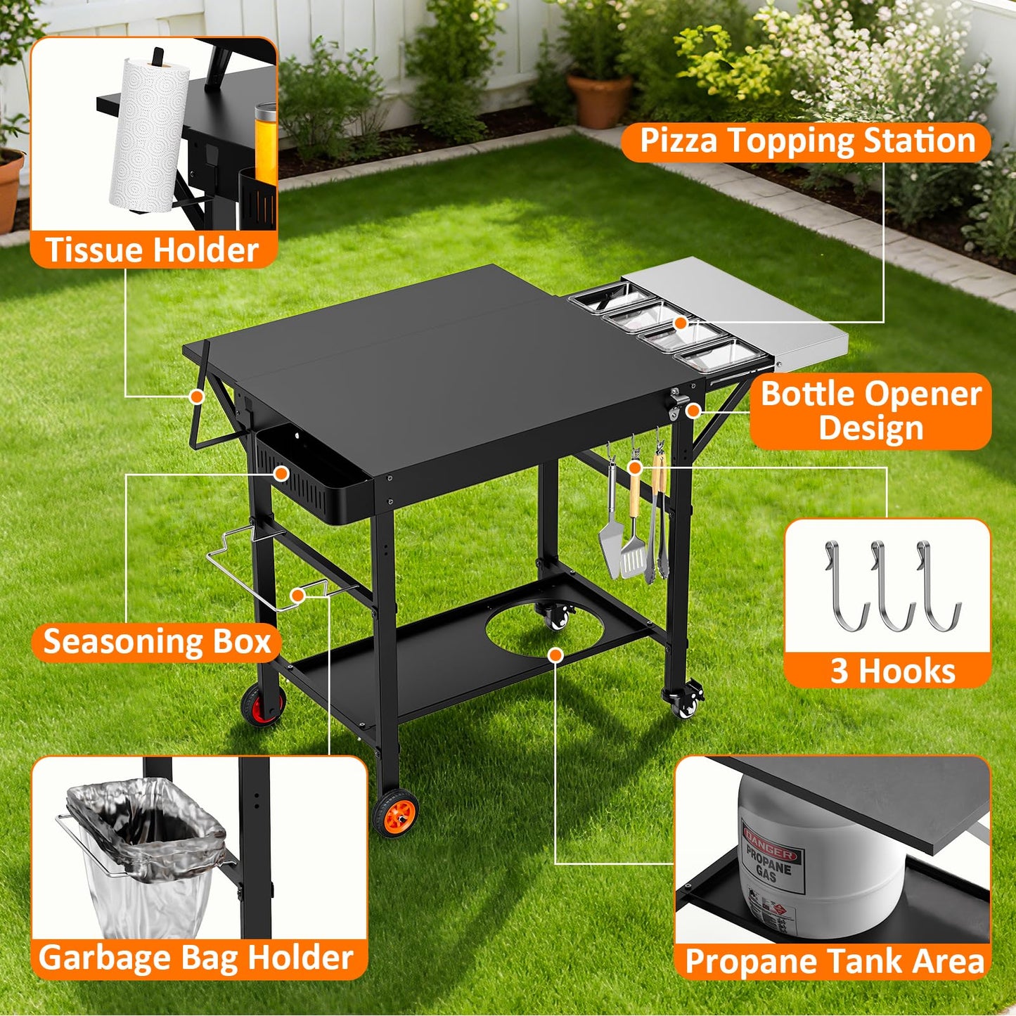 Outdoor Grill Cart for Pizza Oven, 28.8" Extra-Wide Pizza Oven Table, Heavy Duty Grill Cart with Pizza Topping Station, Grill Tables for Outside, Prep Station for Blackstone Griddle Accessories