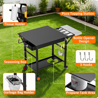 Outdoor Grill Cart for Pizza Oven, 28.8" Extra-Wide Pizza Oven Table, Heavy Duty Grill Cart with Pizza Topping Station, Grill Tables for Outside, Prep Station for Blackstone Griddle Accessories