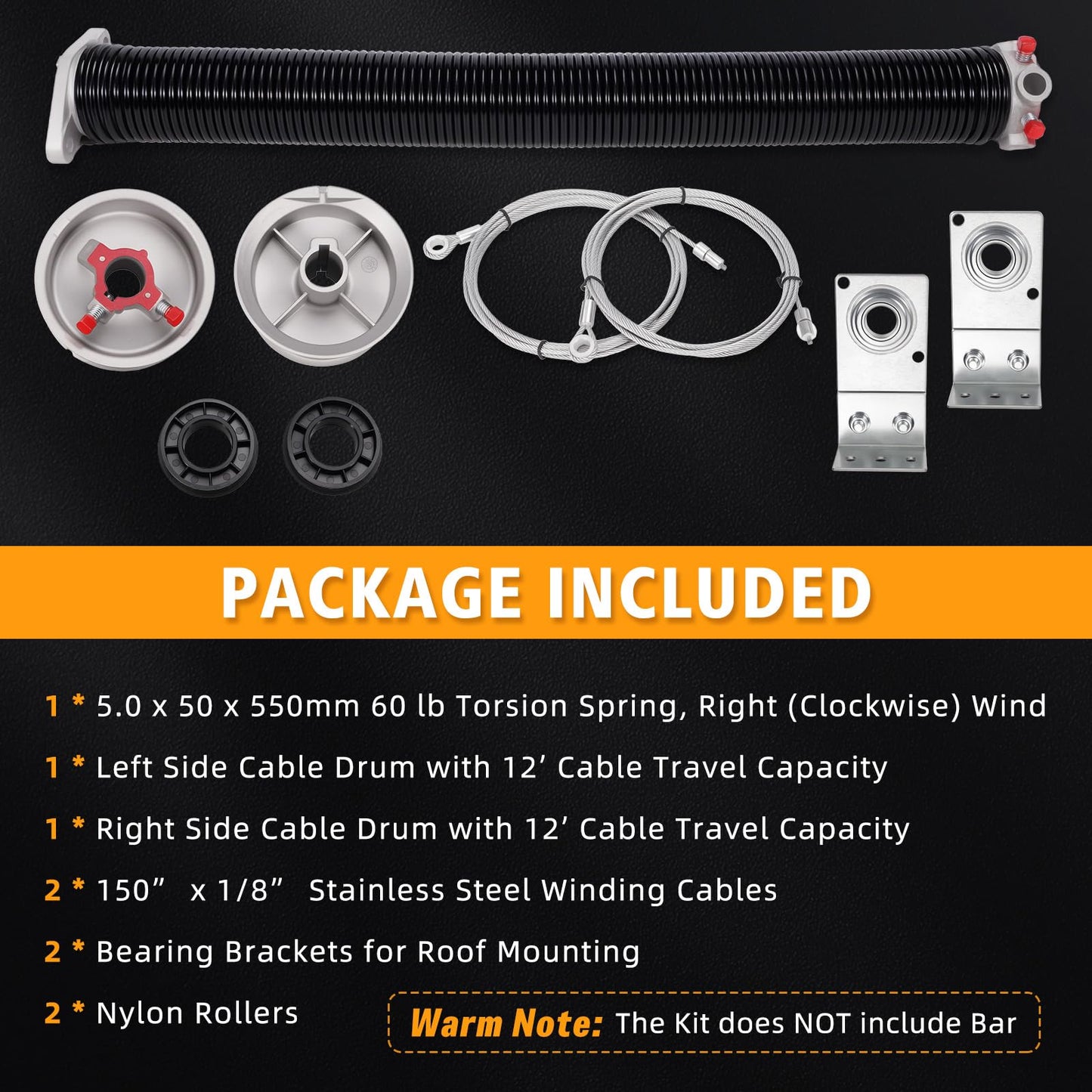 Kozlira TSAP660 Ramp Door Spring Kit for 6' Wide Cargo Trailer - 60 lb Torsion Spring Repair Assembly with Cables and Drums - Replacement Rear Ramp Door Assist System for Cargo Enclosed Trailers