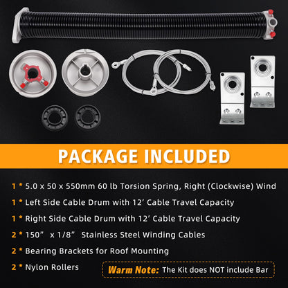 Kozlira TSAP660 Ramp Door Spring Kit for 6' Wide Cargo Trailer - 60 lb Torsion Spring Repair Assembly with Cables and Drums - Replacement Rear Ramp Door Assist System for Cargo Enclosed Trailers