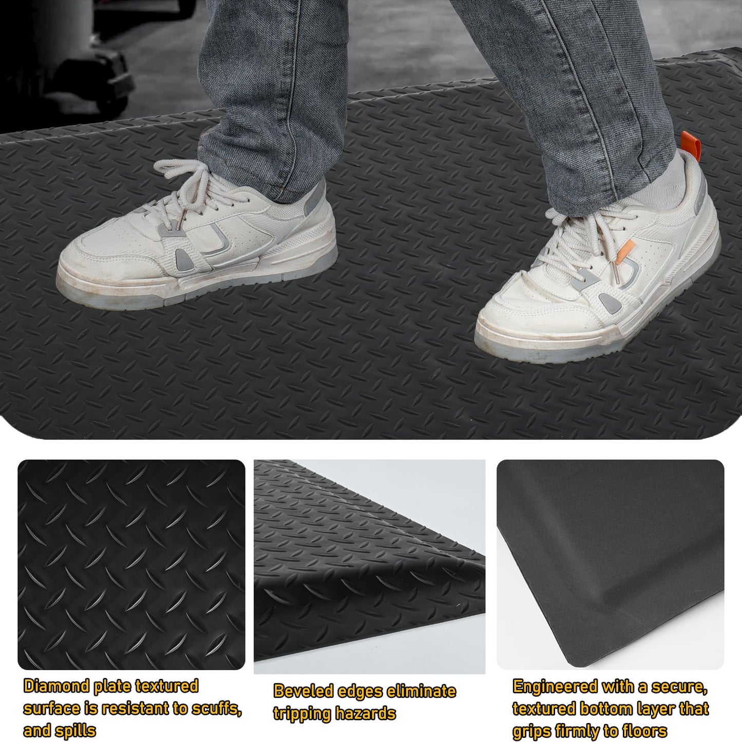 Nisorpa Anti Fatigue Mats Industrial 3' x 5' Ergonomic Standing Mat 15/16" Extra Thick Kitchen Mats Shop Floor Mat Heavy Duty Commercial Diamond Plate Safty Mat Support for Leg & Back Pain, Black