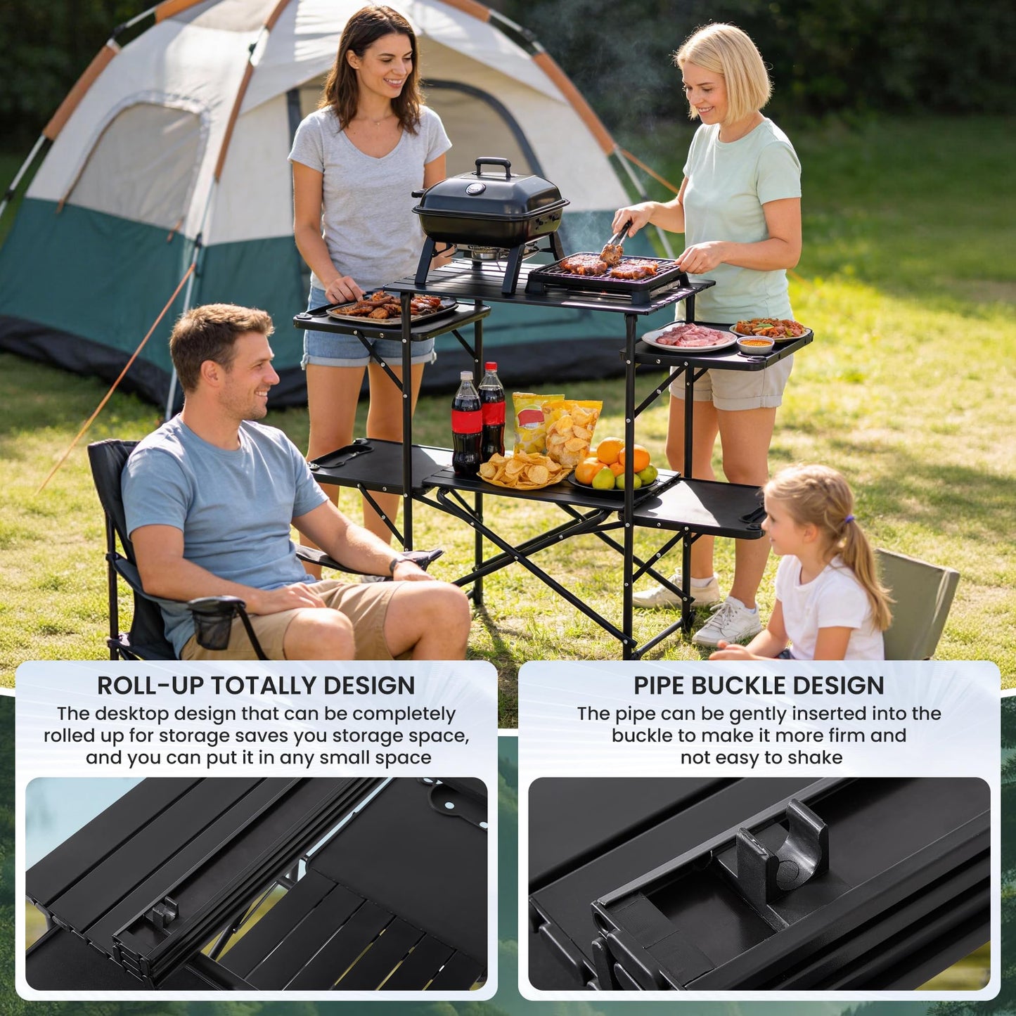 Foristrail Slim-Fold Camping Kitchen Table, Metal Folding Portable Outdoor Cook Station with 4 Side Tables, 2 Storage Shelves & Carrying Bag, Heat Resistant Quick Set-Up for Picnic BBQ