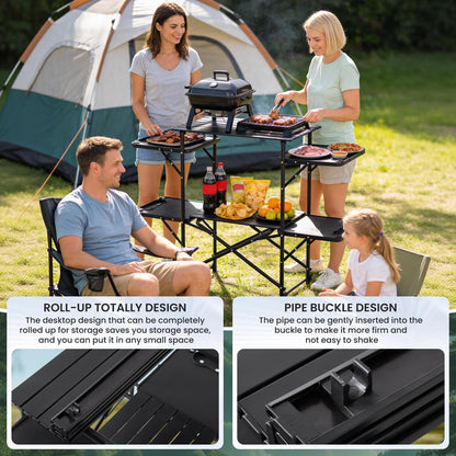 Foristrail Slim-Fold Camping Kitchen Table, Metal Folding Portable Outdoor Cook Station with 4 Side Tables, 2 Storage Shelves & Carrying Bag, Heat Resistant Quick Set-Up for Picnic BBQ