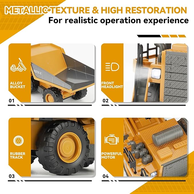 Remote Control Dump Truck RC Construction Vehicle for Kids with 9 Channel Metal Bed Light Sound &amp Rechargeable Battery Electric Transport Garbage Truck Toy for Toddlers Boys Girls Age 6+