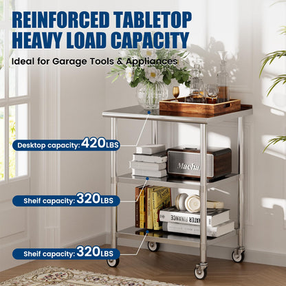 Chingoo Stainless Steel Work Table with Wheels, 24x30 Inch NSF Food Prep Table with Backsplash & 2 Adjustable Undershelves for Commercial Kitchen, Restaurant, Garage