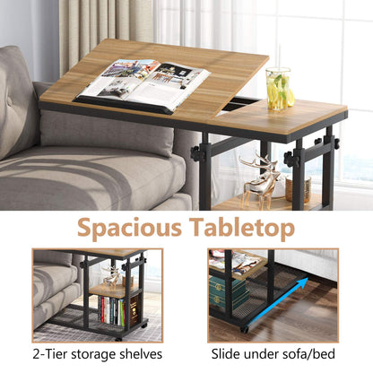 Tribesigns Height Adjustable C Table with Wheels, Mobile Couch Snack Side Table with Tiltable Drawing Board, Sofa Bedside Laptop Stand C Shaped TV Tray with Storage Shelves (Black+Oak)