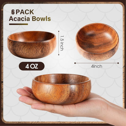 Skylety 6 Pcs Acacia Wooden Bowls Small Calabash Bowls Round Wood Salad Hand Carved Calabash Dip Tray for Serving Popcorn Pasta Coconut Nuts Sauce Appetizers Home Kitchen (4 Inch)