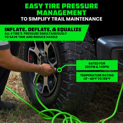 Rhino USA 4 Tire Inflation/Deflation System - Fits up to 155" Wheelbase - Ultra Fast 4 Way Tire Inflator Hose Kit for Truck, Car, Trailers & Motorcycles - Improved Design With On/Off Slide Valve