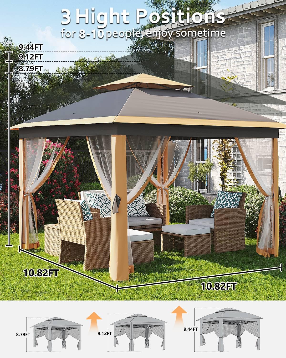 Garveelife 11x11 Pop Up Gazebo Tent with Mosquito Netting, Outdoor Canopy Shelter Easy Setup, Water & UV Resistant - Khaki