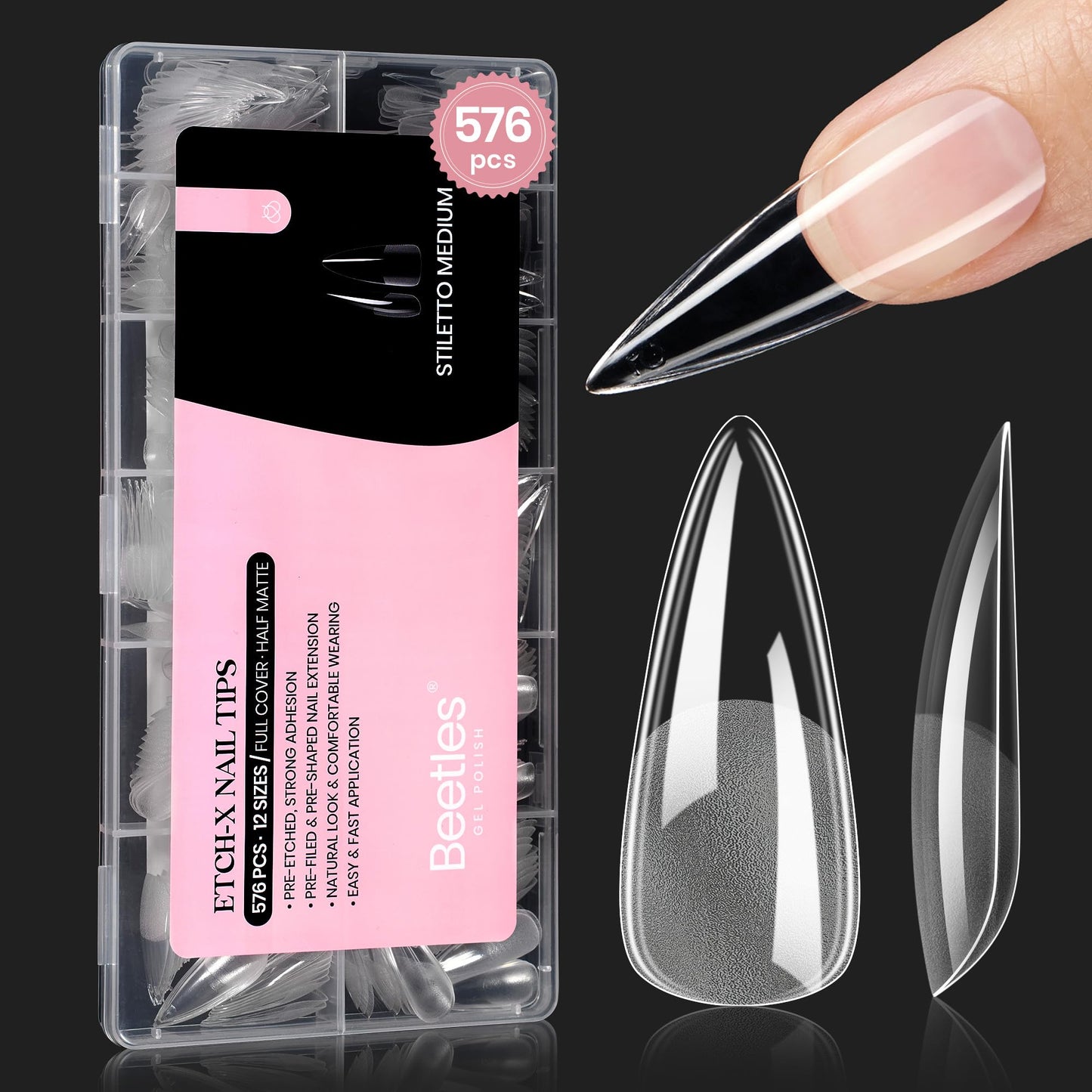 Beetles Gel Nail Kit Short Almond with Nail Dehydrator and Primer, 576Pcs Half Matte Etch-X Gel Nail Tips Solid Nail Glue Mini Nail Lamp Acrylic Nail Tips Easy DIY Nail Extension Set Gift for Women