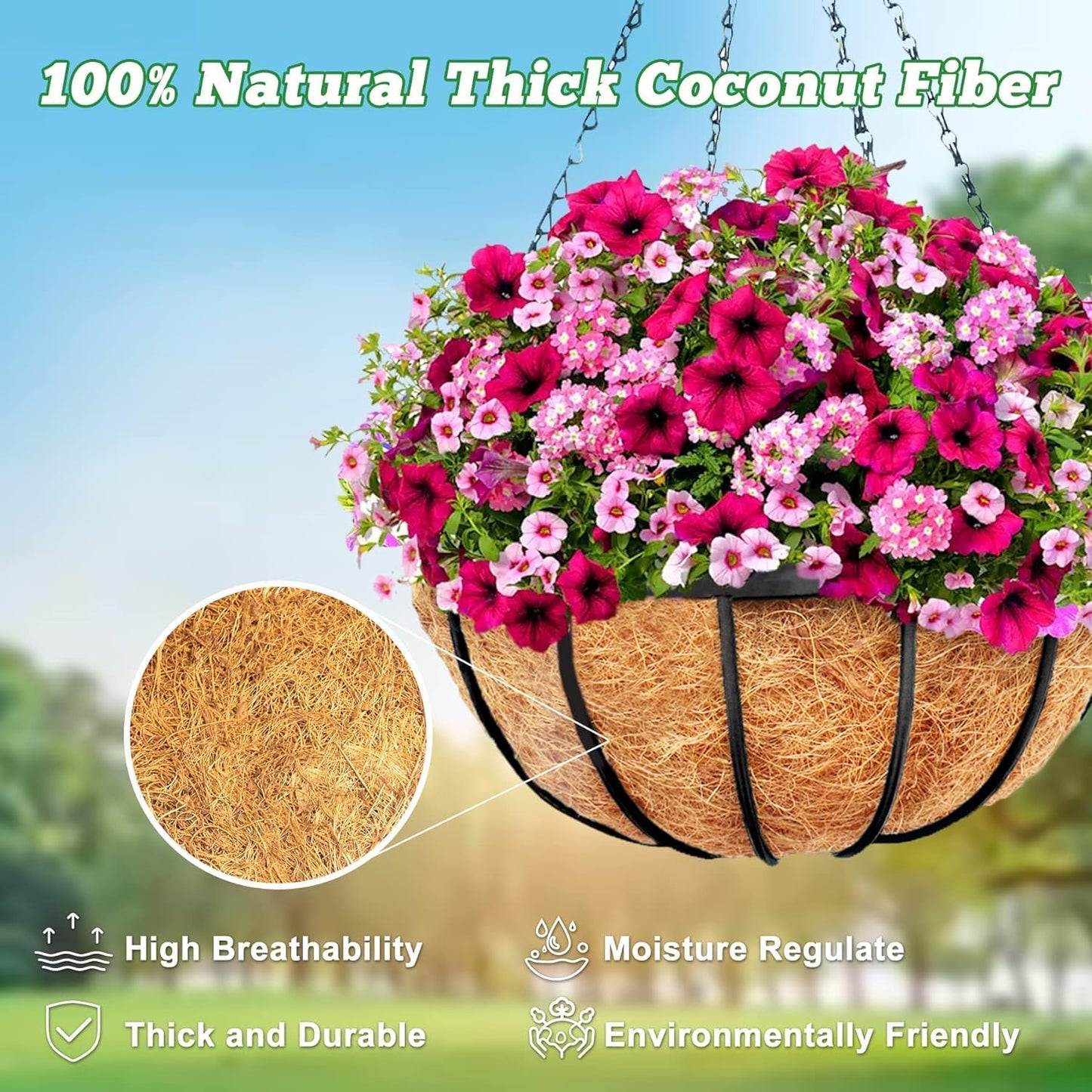 Y&M 14" Round Coconut Fiber Liner - Pre-Formed Replacement for Hanging Baskets | 2-Pack